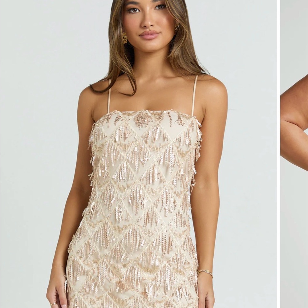 Showpo Cream Sequin Mini Dress